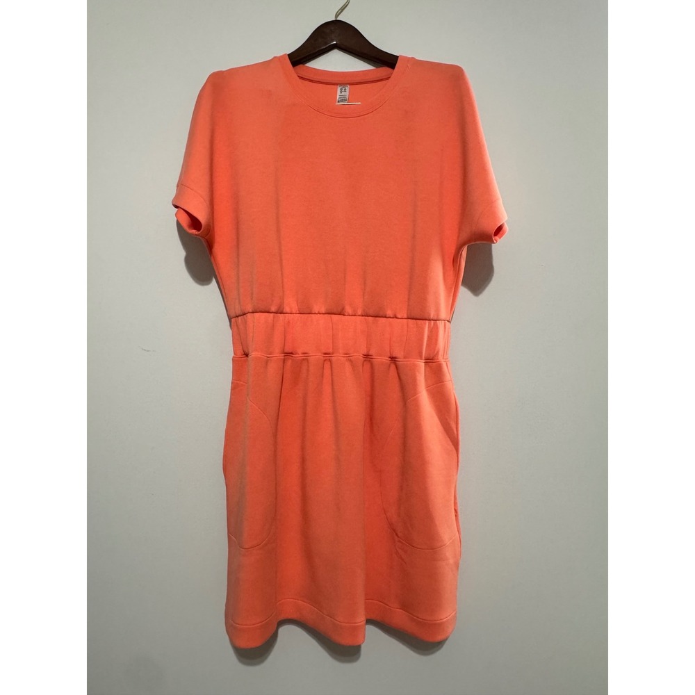 Spanx AirEssentials Short Sleeve Cinched Dress Sunset Coral Orange Large Pockets